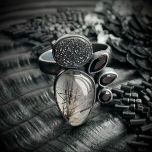 Black Sparkly Druzy Onyx Tourmaline Quartz Ring Sterling Silver Artisan Handmade